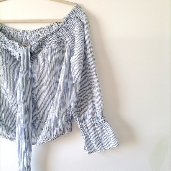 Hem & Thread Womens Blue & White Off The Shoulder Striped Blouse Top Size M - Picture 2 of 7